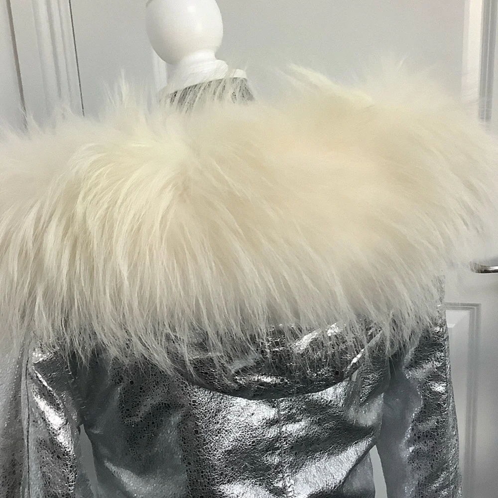 Silver Faux Fur Hooded Jacket, Size M - Picture 13 of 13